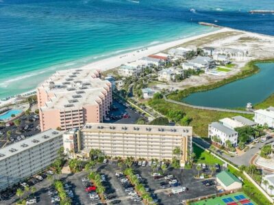 Sky view of the Islander Resort grounds family friendly vacation rental destin florida